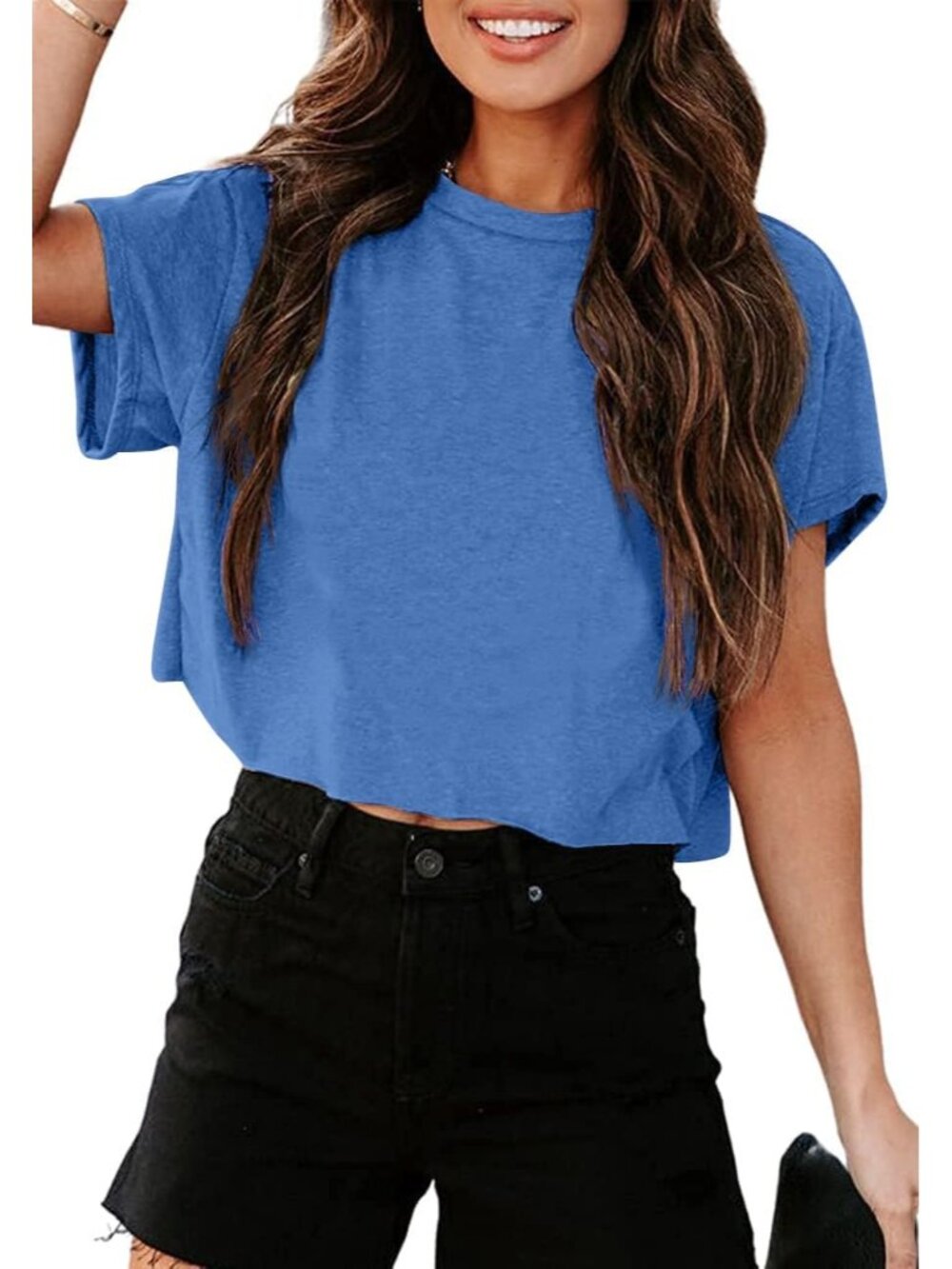 Women's Navy Short Sleeve Crew Neck Loose Casual Drop Shoulder Crop Tops